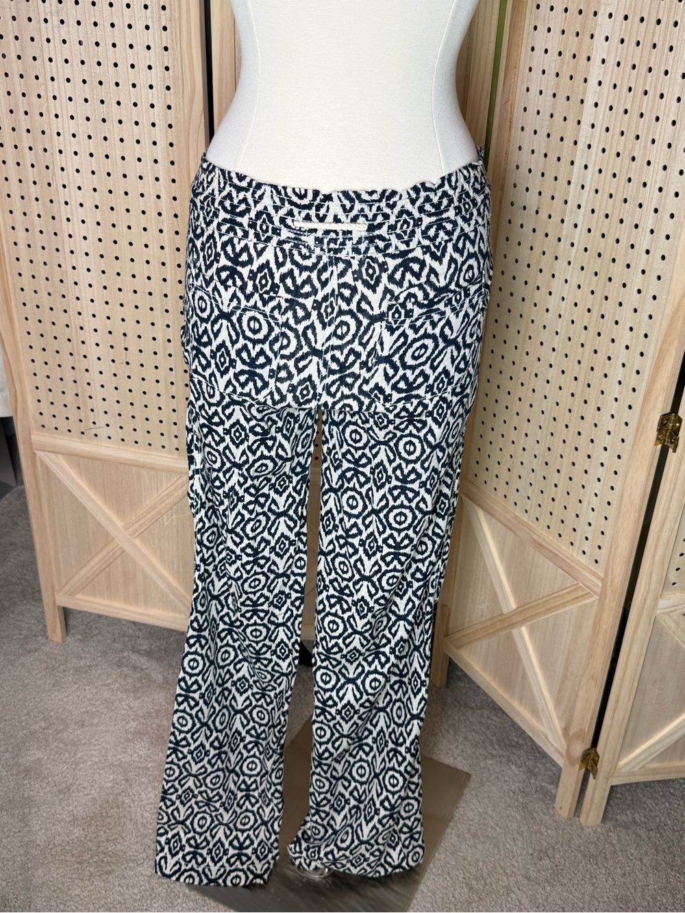 1850 Navy Blue Cream Linen Blend Boho Print Wide Leg Drawstring Pants Medium - Picture 4 of 13